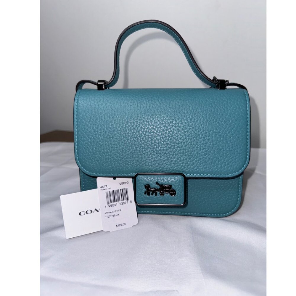 Coach Alie 18 Pebbled Leather Top Handle Shoulder Bag Teal Blue NWT